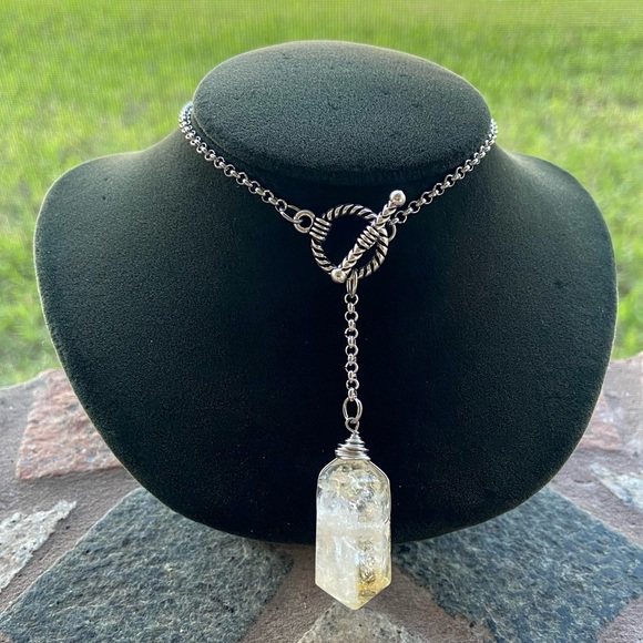 Y shape lariat necklace twisted cable round toggle clasp & light yellow citrine - Picture 6 of 10